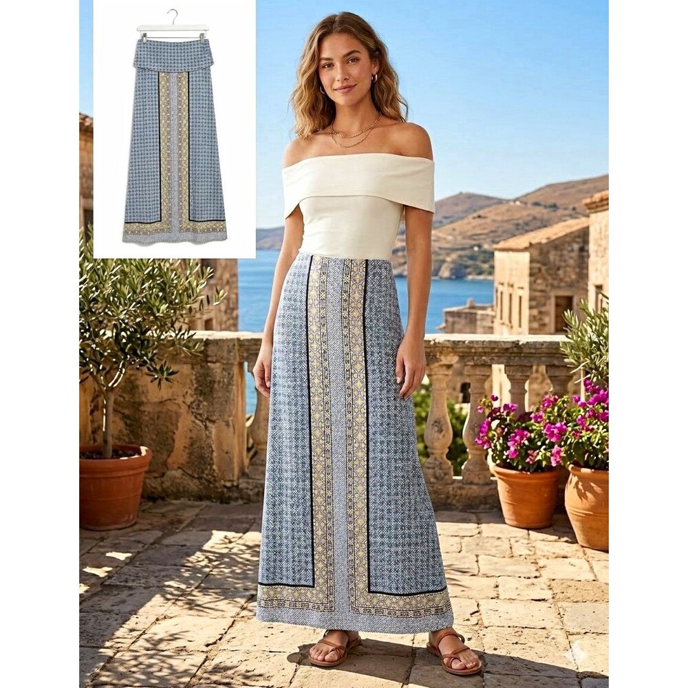 Max Edition XL Geometric Maxi Skirt Pull On Elastic Waist Stretch Blue Yellow